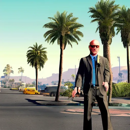 Prompt: Michael Ehrmantraut in GTA V . Los Santos in the background, palm trees. In the art style of Stephen Bliss.