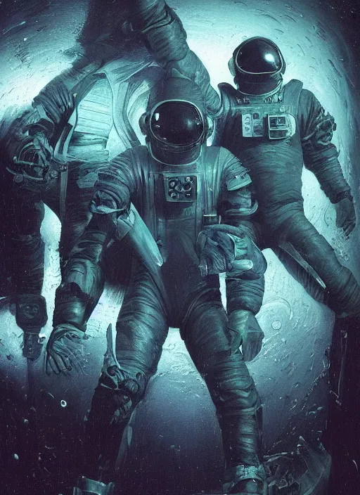 Image similar to astronauts in dark void underwater - complex and hyperdetailed technical suit. reflection and dispersion materials. rays and dispersion of light. volumetric light. f / 3 2. noise film photo. flash photography. ultra realistic, wide angle. poster by wayne barlowe, hajime sorayama aaron horkey, craig mullins