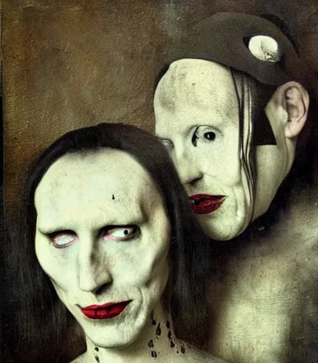 Image similar to portrait of marilyn manson by joel peter witkin and hieronymus bosch, high quality, high detail