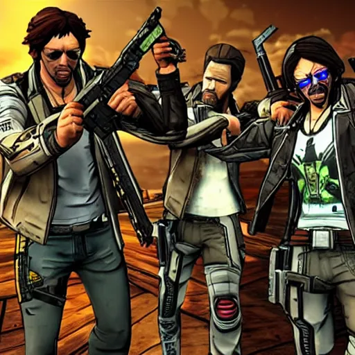 Prompt: the boondock saints in the borderlands game, cyberpunk weapons,