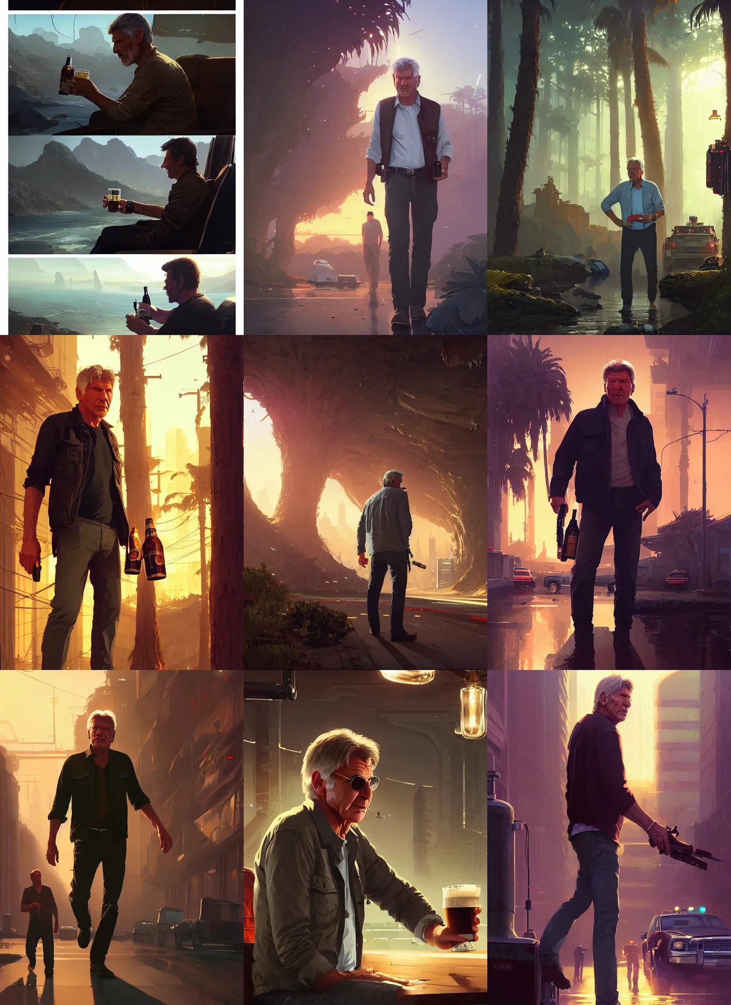 Prompt: harrison ford drinking beer, in gta v, stephen bliss, unreal engine, fantasy art by greg rutkowski, loish, rhads, ferdinand knab, makoto shinkai and lois van baarle, ilya kuvshinov, rossdraws, tom bagshaw, global illumination, radiant light, detailed and intricate environment