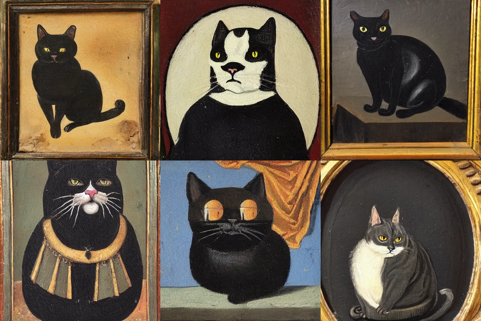 Prompt: medieval oil painting of a fat black cat wearing a ruff