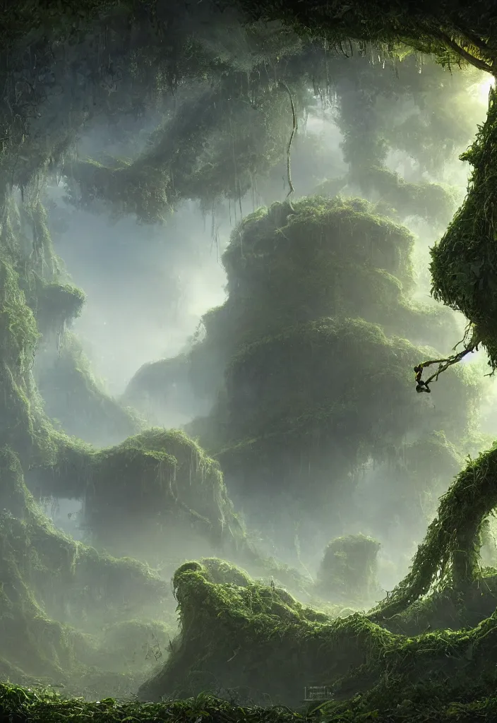 Prompt: beautiful matte painting by arthur gurin concept art of ancient alien ufo wrapped in vines and hovering in the middle of a jungle, atmospheric lighting, painted, intricate, volumetric lighting, sense of scale, mysterious, rich deep colors masterpiece, sharp focus, ultra detailed, view from bottom