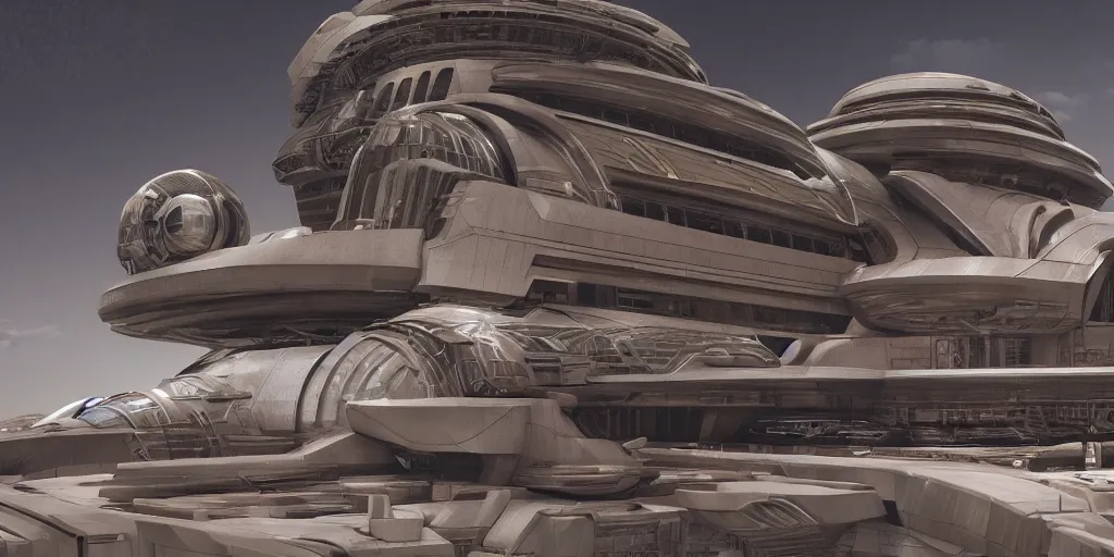 Image similar to cinematic still of hyper detailed hard surface modelled realistic afro futurist, spaceport designed by frank lloyd wright architect, deep perspective, wide angle, hyper detailed and intricate, concept art