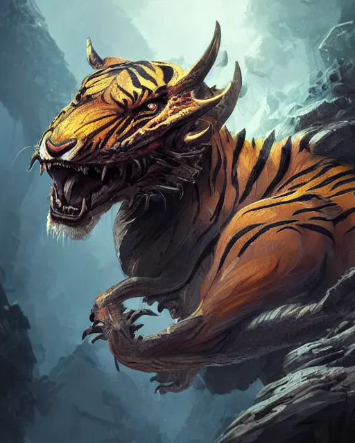 Prompt: A tiger, skin dragon, calm, highly detailed face, full body, fantasy art, monster art, in the style of greg rutkowski, illustration, epic, fantasy, intricate, hyper detailed, artstation, concept art, smooth, sharp focus, ray tracing