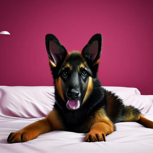 Image similar to in my bedroom my gsd puppy gets the'zoomies'and jumps around on the bed and color comforter. high energy, frenetic craziness, running, jumping, and chasing. cg animation, 3 d octane render, imax 7 0 mm, rtx