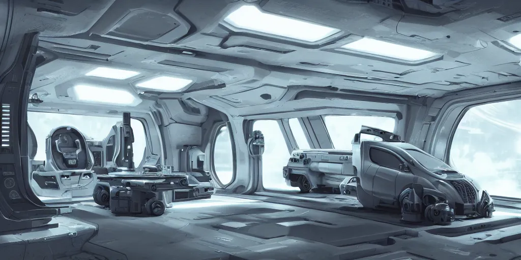 Prompt: industrial maintenance shuttle vehicle, sci - fi interior, futuristic alien technology, monitors, concept artwork 8 k render octane high definition