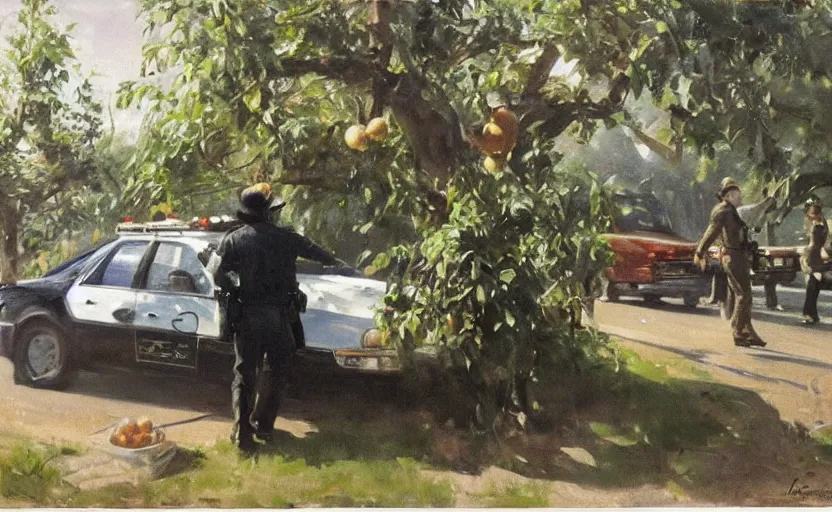 Image similar to oil painting lanscape by anders zorn, nature, fruit trees, very very very very beautiful art, dramatic light, police car closeup, arrest by angry police