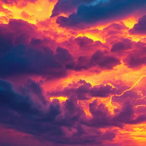 Image similar to low angle, pink golden clouds, blue sky, golden hour, telephone lines, thunder storm, lightening, detailed, photograph, award wining, trending on artstation, 4k, unreal engine 5, octane render, neon highlights