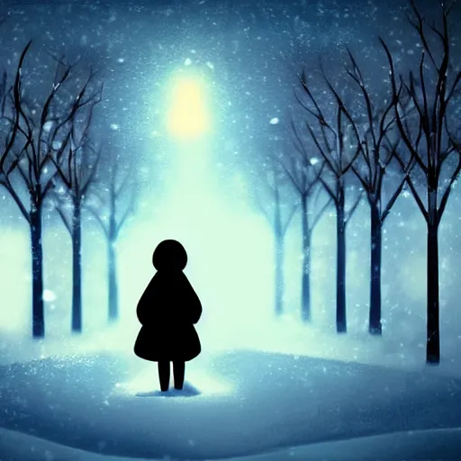 Image similar to A lonely girl with a teddy bear walking on the streets covered in snow during a blizzard. Footprints. Street lamps. Trees. Digital art.