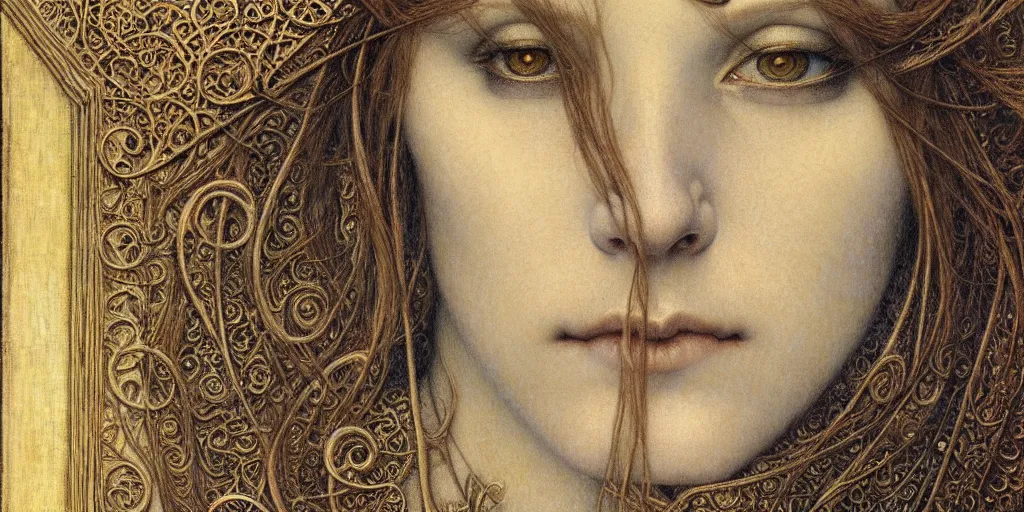 Image similar to detailed realistic beautiful young medieval queen face portrait by jean delville, gustave dore and marco mazzoni, art nouveau, symbolist, visionary, gothic, pre - raphaelite. horizontal symmetry