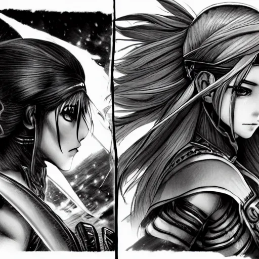 Prompt: two beautiful female warriors facing off, detailed manga art