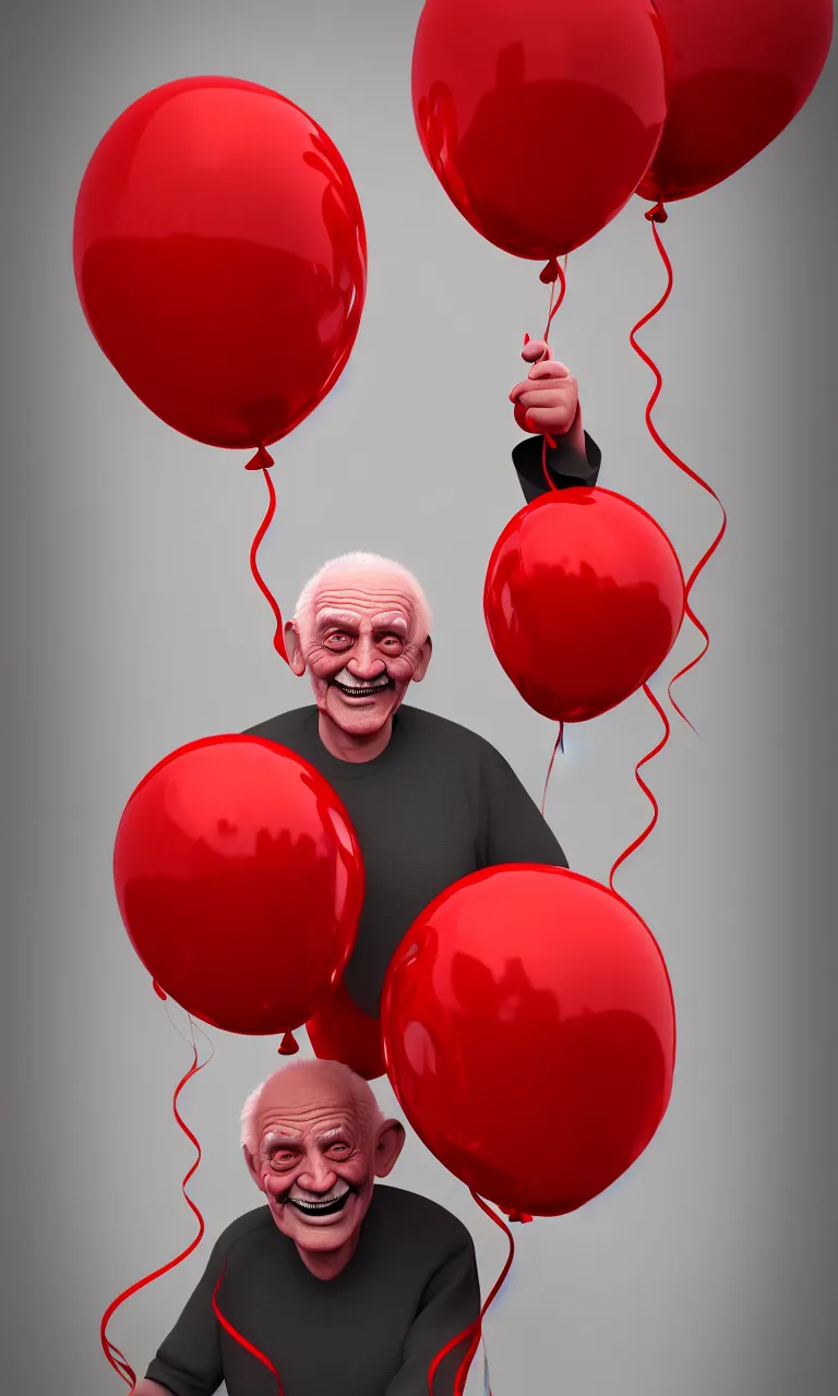 Image similar to illustration of smiling old man with red balloons, highly detailed, digital painting, concept art, smooth, sharp focus, epic composition, gothic art, artstation, concept art, octane render, retrofuturistic