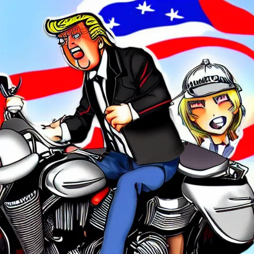 Image similar to Anime of Donald trump wearing a leather jacket, riding Harley motorcycle,