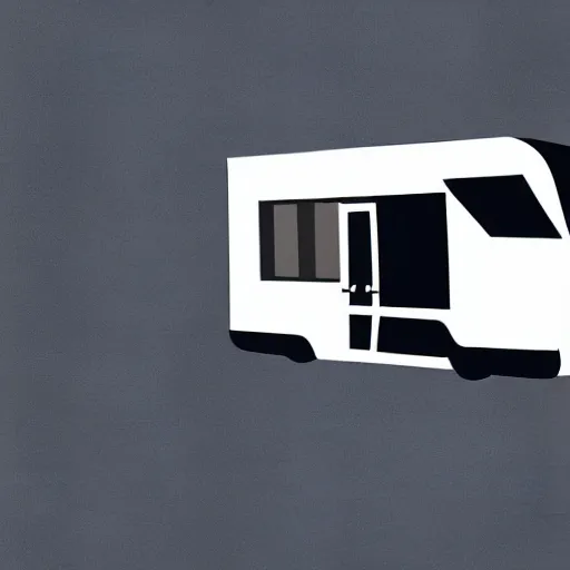 Prompt: very very very minimal vector graphic of a white and black cute thor chateau motorhome camper, color highway, mountains and sunset!!, all enclosed in a circle, white background, happy, professional minimal graphic design cartoon, award winning