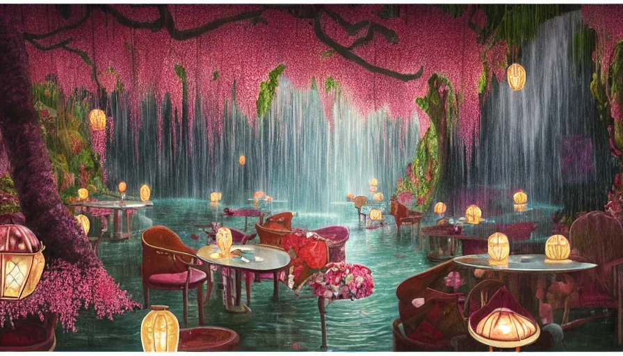 Prompt: James Jean painting of a 35mm film still of a very surreal magical European castle cafe in a lush waterfall garden, falling cherry blossoms pedals, in the style of Gucci and Wes Anderson glowing lights and floating lanterns, foggy atmosphere, rainy, moody, muted colors, magic details, very detailed, 8k, cinematic look