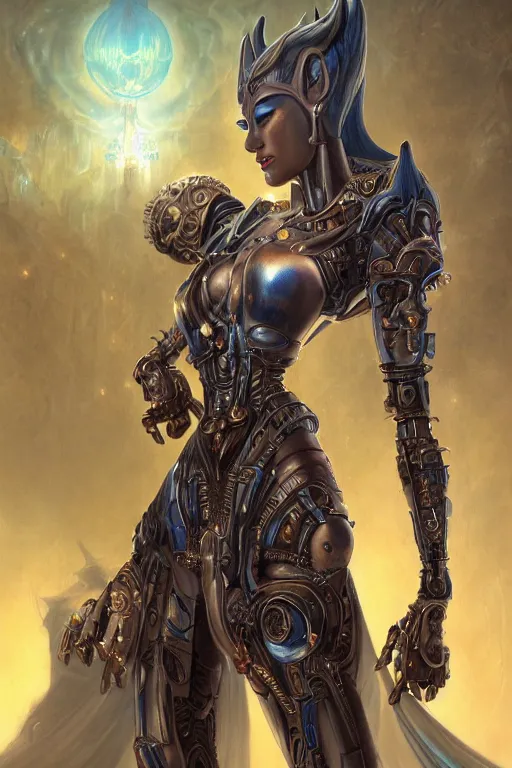 Image similar to portrait of a beautiful female hybrid cybernetic atlantean anubis elsa jean alien warrior, regal, realistic, refined, detailed, digital art, jessica rossier, michael cheval, esao andrews, steampunk, walt disney ( 1 9 3 7 ), francois boucher, oil painting, highly detailed, cinematic lighting, unreal engine, 8 k, hd