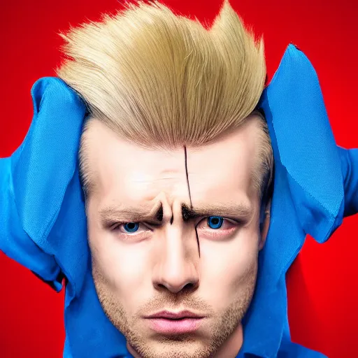 Prompt: portrait of a blonde masculine man two sides hair and thin face lines, he is angry, he wears a blue costume, with golden eagles head on the shoulders in shoulder pads, 8 k, hyper realistic, movie imax shot, film, cinematography, red