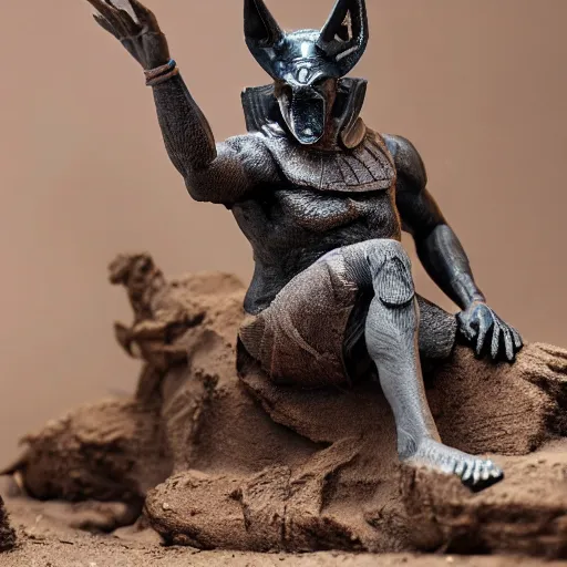 Prompt: A miniature figure of god Anubis. Diorama. Very fuff detailed. 4k. Macro 100 mm