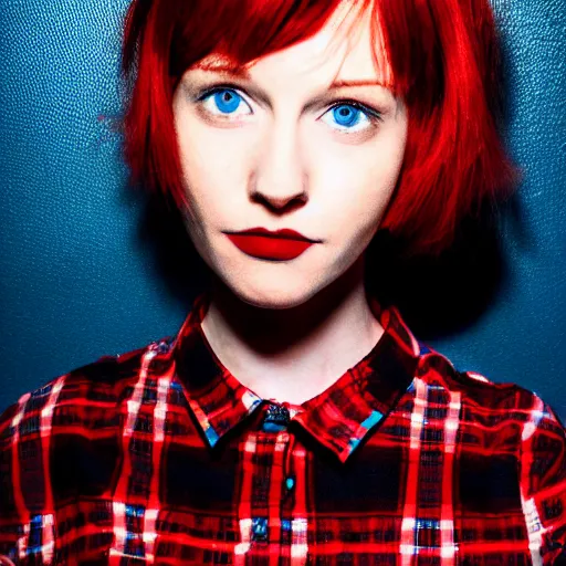 Image similar to photograph, closeup portrait of a young pale woman with short red hair in a dark room, blue eyes, wearing red flannel, flash photography, indoor setting, high contrast, sharp, portra 4 0 0, photographed by terry richardson, trending on tumblr,