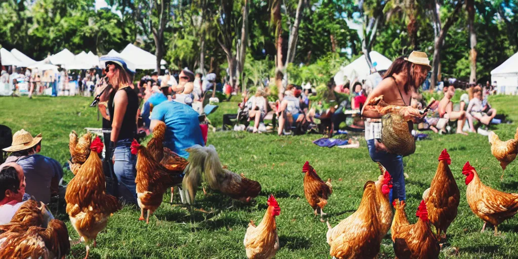 Prompt: summer music festival with chicken as audience. roosters playing music on the stage. concert photography.