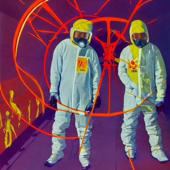 Prompt: two scientists wearing 9 0 s ski wear inspired hazmat suits entering bright geometric crystal portal by frank frazetta