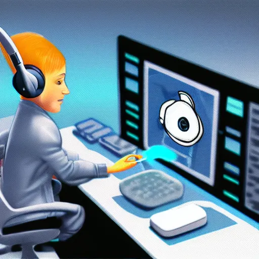 Image similar to An anthropomorphic grey dolphin in a white lab-coat playing games on a computer, digital painting, close-up, wearing a headset