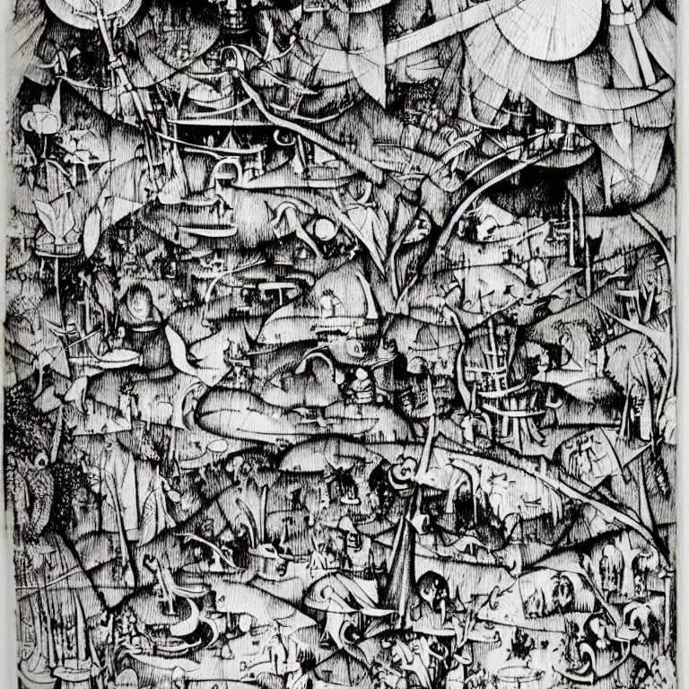 Prompt: hieronymus bosch garden on eden sketchbook ink drawing by james jean highly detailed high contrast