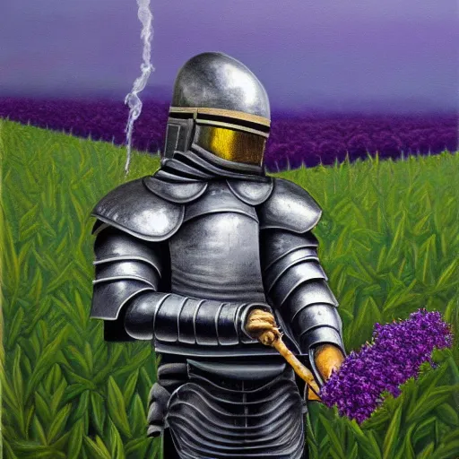 Prompt: a high detailed oil painting of a full armored knight smoking a joint in a field of purple cannabis plants