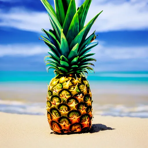 Prompt: a pineapple with a bikini on the beach.