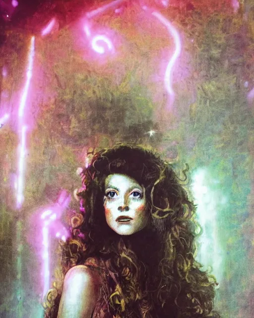 Image similar to a beautiful and eerie baroque painting of a gorgeous young woman in dead space, with wild hair and haunted eyes, 1 9 7 0 s, space station, neon light, delicate ex embellishments, painterly