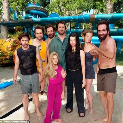 Image similar to the cast of its always sunny in philadelphia hanging out with the mcpoyles at a water park