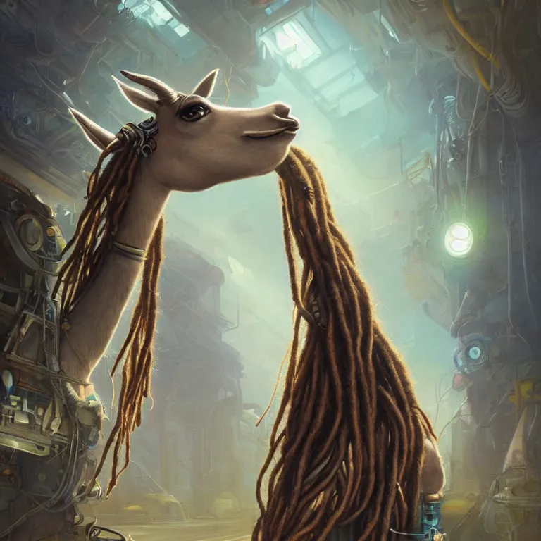 Prompt: singular llama with dreadlocks, industrial sci-fi, by Mandy Jurgens, Ernst Haeckel, James Jean, artstation, concept art, with beautiful colors