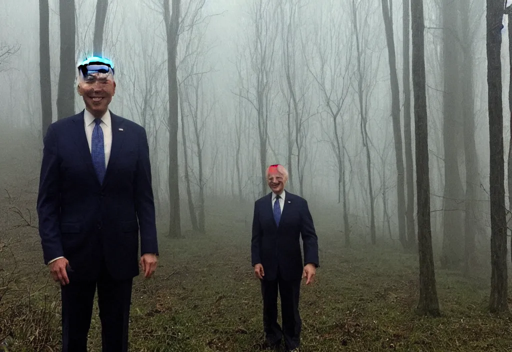 Image similar to low quality iphone photo of joe biden standing ominously in the foggy woods with a demonic smile in his face, creepy, far away