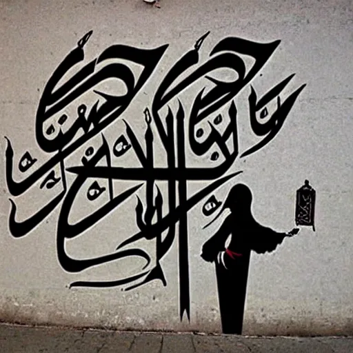 Image similar to arabic calligraphy, transylvanian folk art, in the style of graffiti, made by banksy