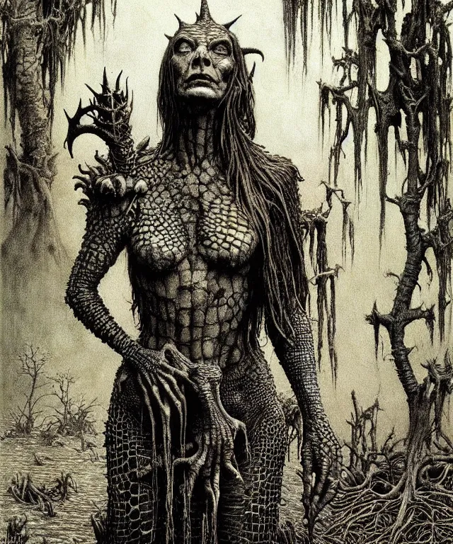 Image similar to A detailed horned crocodilewoman stands near the swamp. Wearing a ripped mantle, robe. Perfect faces, extremely high details, realistic, fantasy art, solo, masterpiece, art by Zdzisław Beksiński, Arthur Rackham, Dariusz Zawadzki