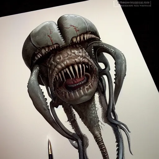 Image similar to hamburger as a xenomorph, painted bygreg rutkowski, john howe, wlop, artgerm