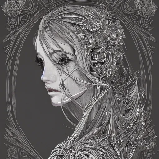 Image similar to the most ridiculously beautiful and elegant woman ever imaginable, an ultrafine detailed illustration by james jean, final fantasy, intricate linework, bright colors, behance contest winner, vanitas, angular, altermodern, unreal engine 5 highly rendered, global illumination, radiant light, detailed and intricate environment