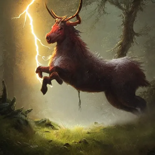 Prompt: creature fluffy animal with horns and short legs and arms and red eyes (((horse's hooves))), forest scene, highly detailed, cinematic lightning, epic fantasy style art, hearthstone style card art, by Greg Rutkowski