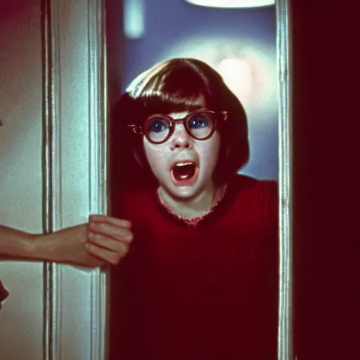 Image similar to movie still photo of Velma Dinkley as Jack Torrance in The Shining