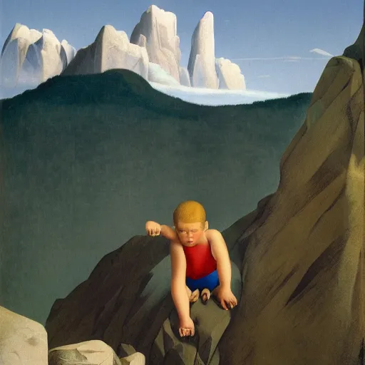 Image similar to a boy's first memory of mountain climbing by Raphael, Hopper, and Rene Magritte. detailed, romantic, enchanting, trending on artstation.