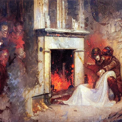 Image similar to fire by dean cornwell, no people