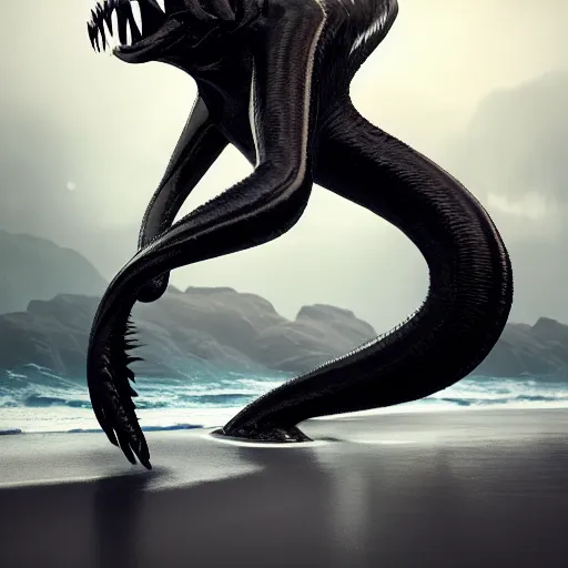 Image similar to a stunning cinematic extreme wide shot of a beautiful confident slick sleek smooth humanoid sea monster wearing clothes made of seaweed on a dark stormy beach, well designed perfect with huge sad eyes, sharp claws, cgsociety, hd octane render, fantasy, furry art, artstation, deviantart, furaffinity, very very clean