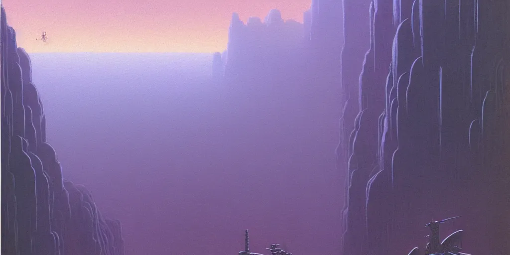 Image similar to grainy risograph matte painting of gigantic huge mech with huge swords, pastel matte colors, staying in the foggy huge canyon, by moebius, hyperrealism, intricate detailed