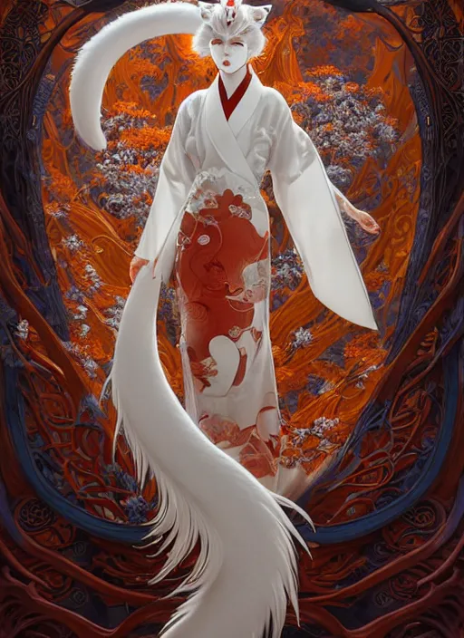 Prompt: white kitsune in autumn color kimono with art nouveau swirls, subsurface scattering, by jesper ejsing, justin gerard, tomasz alen kopera, cgsociety and fenghua zhong, highly detailed, rim light, cinematic lighting, illustration, art, octane render, very coherent, cinematic, hyper realism, high detail, octane render, 8 k