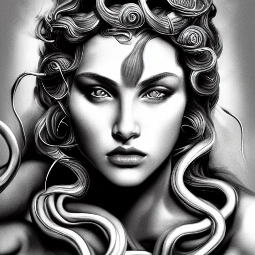 Image similar to medusa portrait painting, black and white, seductive, dynamic lighting, michelangelo, artstation, detailed, blurred background