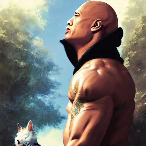 Image similar to feminine dwayne johnson in cat hoodie by ross tran, walking in a castle painted by sana takeda, rtx reflections, very high intricate details, digital anime art, medium shot, mid - shot, composition by ilya kuvshinov, lighting by greg rutkowski