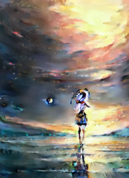 Image similar to anime girl walking on water, ripples, backdrop of dawn, saturn in the background, illustration, concept art, anime, key visual, trending pixiv fanbox by wlop and greg rutkowski and makoto shinkai and studio ghibli