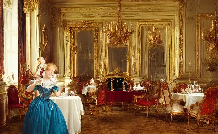 Image similar to Young victorian princess drinking tea on the royal palace dining room. By Konstantin Razumov, fractal flame, chiaroscuro,highly detailded
