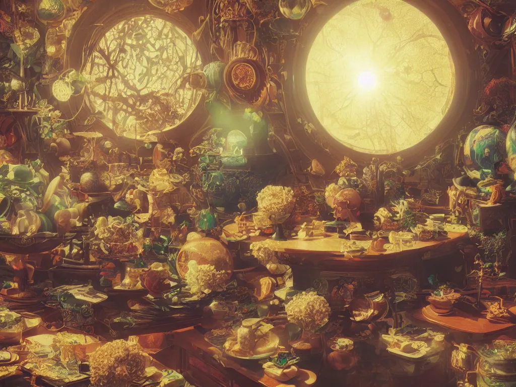 Image similar to 3 d render, sunlight study, the universe is a spheroid region 7 0 5 meters in diameter, art nouveau, by cornelis de heem and ( ( ( ( ( lisa frank ) ) ) ) ), 8 k, sharp focus, octane render